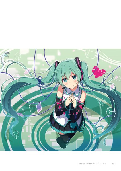 Anime picture 1360x1920 with vocaloid hatsune miku ogipote single long hair tall image looking at viewer fringe standing twintails nail polish pleated skirt aqua eyes scan aqua hair tattoo hands clasped girl skirt detached sleeves