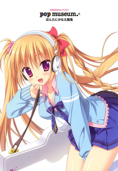 Anime picture 2423x3500 with moribe (rabumanyo) long hair tall image blush highres open mouth blonde hair red eyes twintails girl dress bow hair bow headphones