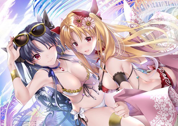 Anime picture 1500x1064 with fate (series) fate/grand order ishtar (fate) ereshkigal (fate) akatsuki hijiri long hair looking at viewer blush fringe breasts open mouth light erotic black hair blonde hair smile red eyes large breasts standing sitting multiple girls