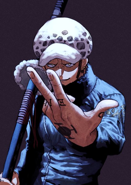 Anime picture 2508x3541 with one piece toei animation trafalgar law 4myaku1 single tall image highres short hair simple background upper body fingernails tattoo piercing black background ear piercing shaded face sheathed weapon over shoulder boy weapon
