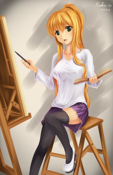 Anime picture 1329x2048 with original rhineheim single long hair tall image open mouth blonde hair sitting green eyes ponytail girl thighhighs dress black thighhighs book (books)