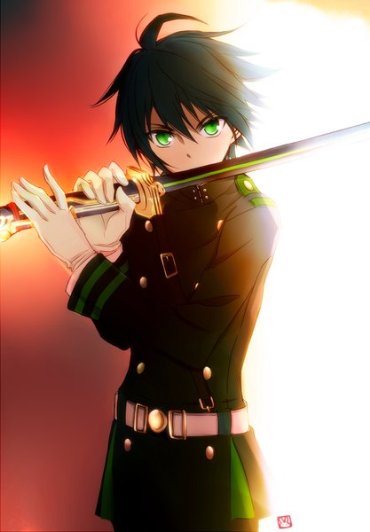 Anime picture 800x1150 with owari no seraph wit studio hyakuya yuuichirou tsukimori usako single tall image looking at viewer fringe short hair black hair green eyes light boy gloves uniform weapon sword white gloves katana military uniform