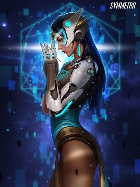 Anime picture 1500x2000 with overwatch blizzard entertainment symmetra (overwatch) liang xing single long hair tall image light erotic black hair standing yellow eyes profile lips realistic character names blue background mechanical arms girl hair ornament earrings