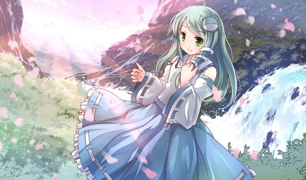 Anime picture 2136x1254 with touhou kochiya sanae risutaru single long hair highres smile wide image standing green eyes looking away outdoors traditional clothes japanese clothes green hair sunlight nontraditional miko waterfall girl hair ornament