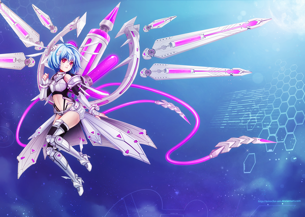 Anime picture 1419x1008 with original zenithomocha single short hair red eyes bare shoulders signed blue hair mecha musume girl navel detached sleeves armor thigh boots mecha