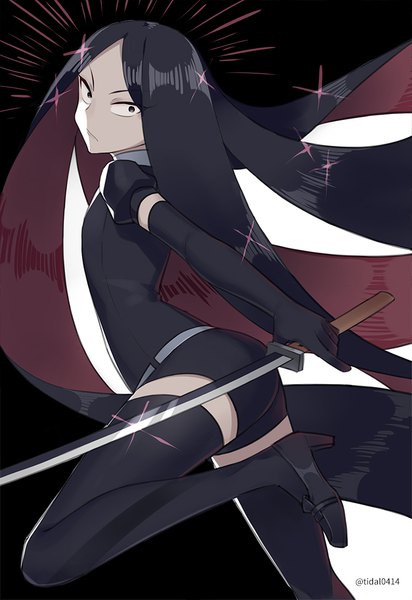 Anime picture 688x1000 with houseki no kuni bort mujun atama single tall image looking at viewer black hair signed bent knee (knees) very long hair multicolored hair black eyes two-tone hair sparkle twitter username black background colored inner hair shiny androgynous thighhighs