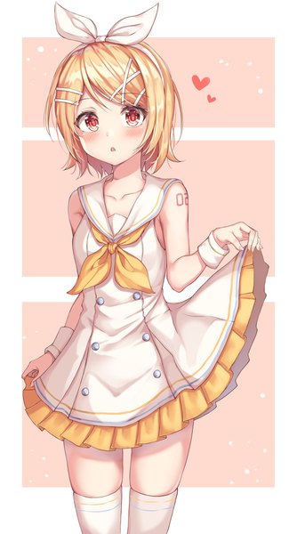 Anime picture 2644x4745 with vocaloid kagamine rin wabbajack single tall image looking at viewer blush fringe highres short hair open mouth simple background blonde hair red eyes standing :o tattoo frilled dress sailor collar double buttons