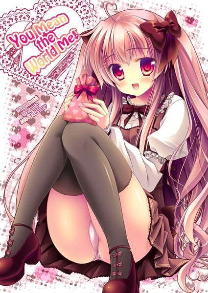 Anime picture 717x1012 with original mizuki yuuma single long hair tall image looking at viewer blush open mouth light erotic red eyes pink hair pantyshot pantyshot sitting girl thighhighs dress underwear panties bow black thighhighs