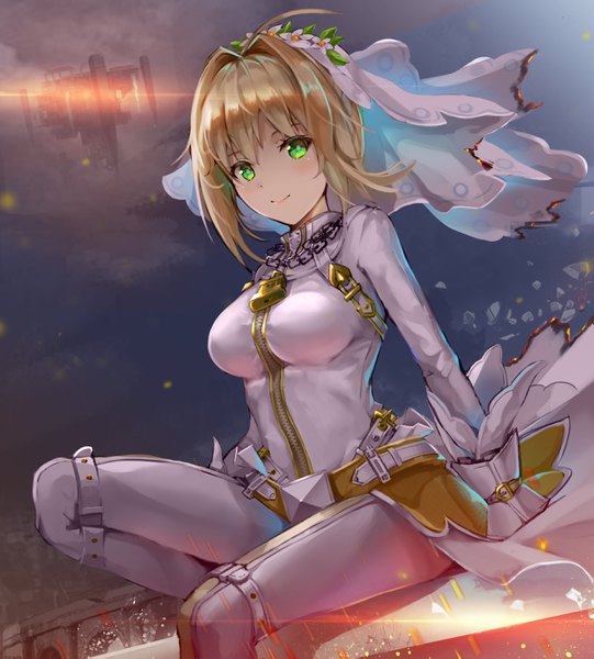 Anime picture 2480x2750 with fate (series) fate/extra fate/extra ccc nero claudius (fate) nero claudius (bride) (fate) shi qi kuang beng single tall image looking at viewer blush fringe highres short hair breasts blonde hair smile hair between eyes large breasts sitting green eyes