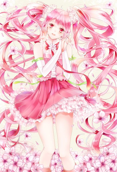 Anime picture 850x1245 with vocaloid hatsune miku sakura miku kyashii (a3yu9mi) single tall image blush open mouth white background twintails bare shoulders pink hair very long hair pink eyes wavy hair girl dress flower (flowers) petals necktie