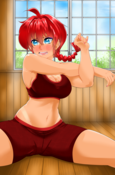Anime picture 2100x3200 with ranma 1/2 saotome ranma saotome ranma (girl) omiiverse single long hair tall image blush fringe highres breasts open mouth blue eyes light erotic hair between eyes large breasts sitting looking away cleavage ahoge