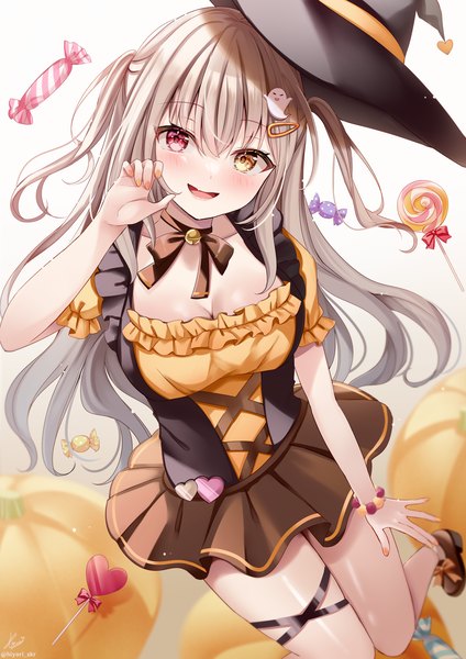 Anime picture 1191x1684 with original sakura hiyori single long hair tall image looking at viewer blush fringe open mouth light erotic blonde hair hair between eyes cleavage :d two side up heterochromia halloween girl hat food