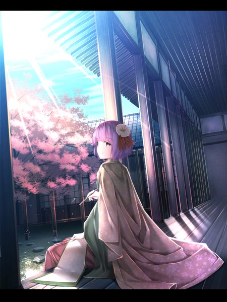 Anime picture 1200x1600 with touhou hieda no akyuu waterdog tall image looking at viewer blush fringe short hair smile sitting purple eyes pink hair purple hair traditional clothes sunlight letterboxed girl hair ornament building (buildings)