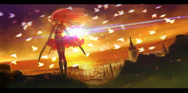 Anime picture 1680x836 with anndr (artist) single long hair wide image holding signed yellow eyes sky wind orange hair city evening light sunset mountain dual wielding girl thighhighs dress weapon