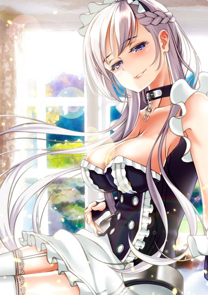 Anime picture 2042x2892 with azur lane belfast (azur lane) kura-r9-45 single long hair tall image looking at viewer blush fringe highres breasts blue eyes light erotic smile large breasts cleavage silver hair indoors braid (braids) parted lips