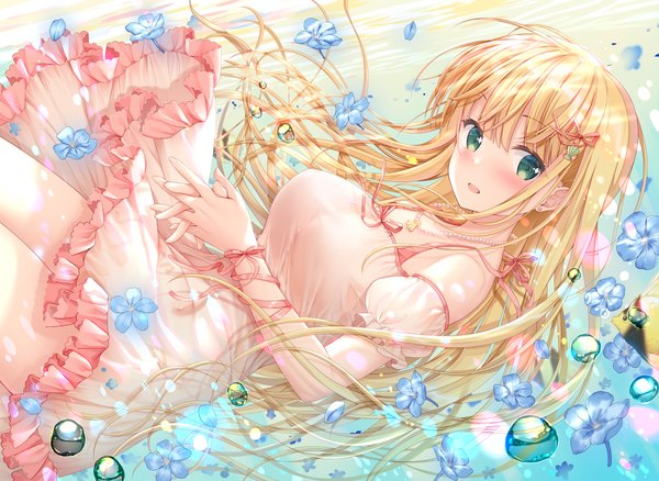 Anime picture 2000x1462 with original inagaki minami sousouman single long hair looking at viewer blush fringe highres breasts open mouth blonde hair smile green eyes blunt bangs :d underwater hands clasped interlocked fingers girl