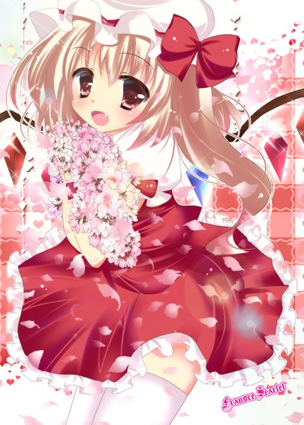 Anime picture 1000x1399 with touhou flandre scarlet rikatan tall image blush short hair open mouth blonde hair red eyes teeth loli fang (fangs) girl thighhighs flower (flowers) petals white thighhighs wings bonnet bouquet