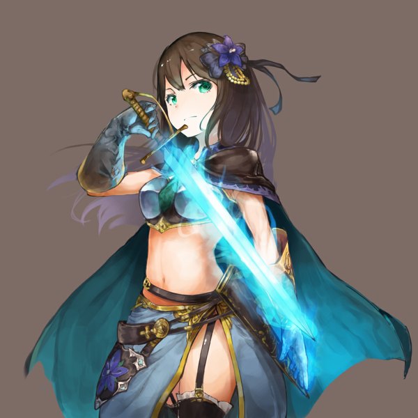 Anime picture 1000x1000 with original yashigaras single long hair looking at viewer fringe simple background brown hair standing green eyes bare belly brown background glowing weapon girl skirt gloves hair ornament flower (flowers) ribbon (ribbons) weapon