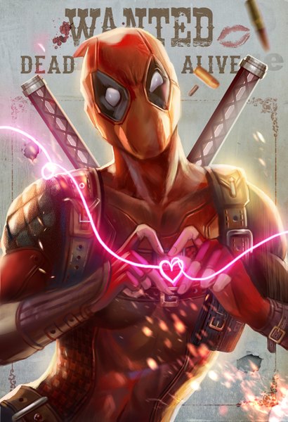 Anime picture 975x1425 with marvel comics deadpool jiuge single tall image looking at viewer upper body realistic text english heart hands heart of string boy gloves weapon sword heart fingerless gloves katana bodysuit