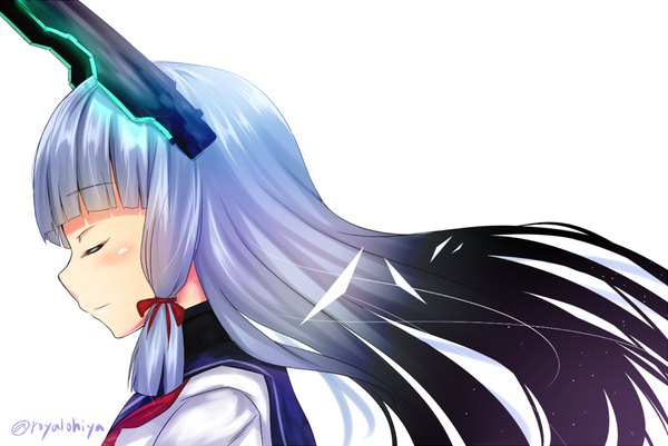 Anime picture 892x597 with kantai collection murakumo destroyer ohiya single long hair blush fringe simple background white background signed silver hair blunt bangs eyes closed profile light smile wind tress ribbon girl uniform ribbon (ribbons)
