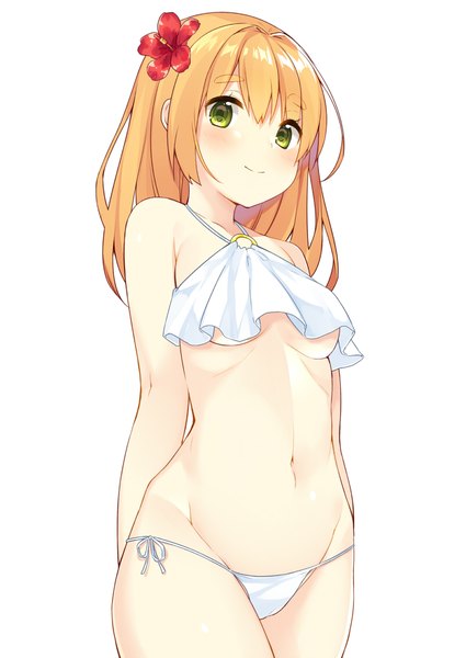 Anime picture 800x1129 with original bekotarou single long hair tall image looking at viewer blush fringe breasts light erotic simple background smile hair between eyes standing white background bare shoulders green eyes hair flower orange hair from below