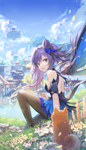 Anime picture 1000x1750 with genshin impact keqing (genshin impact) keqing (opulent splendor) (genshin impact) ritsuki single long hair tall image looking at viewer open mouth sitting purple eyes twintails sky purple hair cloud (clouds) outdoors :d wind hair bun (hair buns) official alternate costume