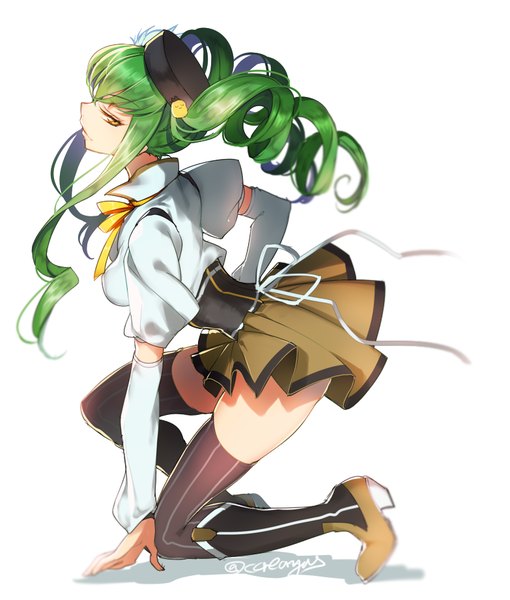 Anime picture 783x921 with mahou shoujo madoka magica code geass sunrise (studio) shaft (studio) c.c. creayus single long hair tall image looking at viewer fringe simple background smile white background signed yellow eyes bent knee (knees) long sleeves profile pleated skirt