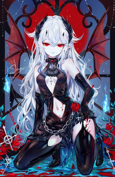 Anime picture 1305x2000 with original sheya single tall image fringe breasts light erotic hair between eyes red eyes bare shoulders signed silver hair full body tail very long hair parted lips pointy ears bare belly high heels sleeveless