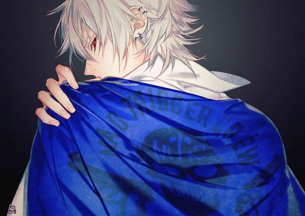 Anime picture 1000x707 with hypnosis mic aohitsugi samatoki 5046m single looking at viewer short hair simple background red eyes profile looking back fingernails grey hair piercing black background ear piercing boy