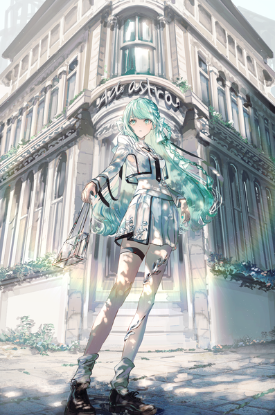 Anime picture 2707x4096 with original nanaponi single long hair tall image fringe highres standing holding looking away full body outdoors braid (braids) long sleeves nail polish parted lips pleated skirt aqua eyes fingernails sunlight