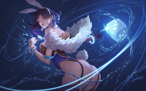 Anime picture 1920x1200 with genshin impact yelan (genshin impact) gu-ko citemer single looking at viewer fringe highres short hair breasts blue eyes light erotic black hair simple background large breasts standing signed animal ears ass tail parted lips