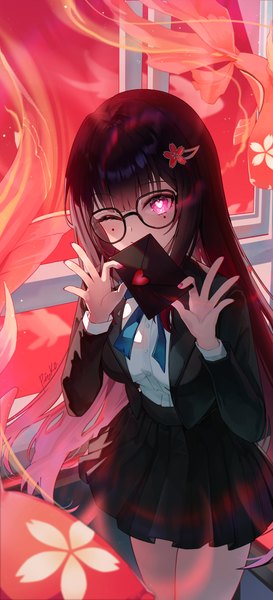 Anime picture 1502x3300 with honkai: star rail honkai (series) sparkle (honkai: star rail) pistachiocream single long hair tall image looking at viewer fringe black hair standing holding blunt bangs long sleeves nail polish one eye closed pink eyes wink open clothes facial mark