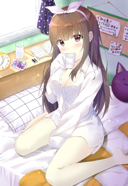 Anime picture 1032x1491 with original arupisu (shintea) single long hair tall image looking at viewer blush fringe breasts light erotic hair between eyes red eyes brown hair large breasts sitting payot cleavage full body bent knee (knees) indoors