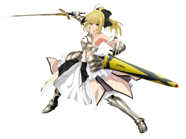 Anime picture 6000x4500 with fate (series) fate/stay night fate/unlimited codes studio deen type-moon artoria pendragon (all) saber saber lily single long hair highres blonde hair simple background white background bare shoulders green eyes absurdres ahoge ponytail girl