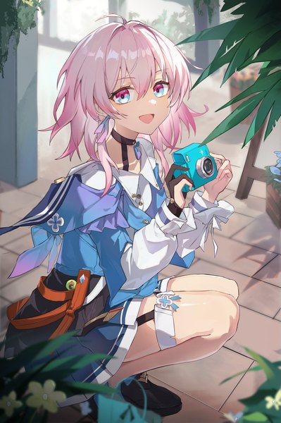 Anime picture 2332x3508 with honkai: star rail honkai (series) march 7th (honkai: star rail) chenmu sora single tall image fringe highres short hair open mouth hair between eyes pink hair ahoge :d squat multicolored eyes girl tiles camera