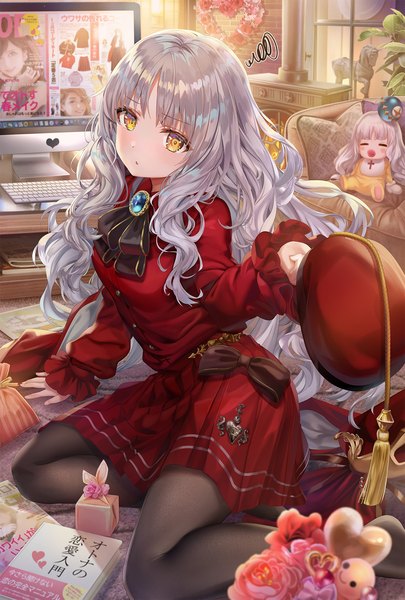 Anime picture 1200x1776 with fate (series) fate/grand order caren hortensia caren hortensia (amor caren) torino aqua single long hair tall image looking at viewer fringe sitting yellow eyes silver hair bent knee (knees) indoors long sleeves head tilt pleated skirt blurry arm support