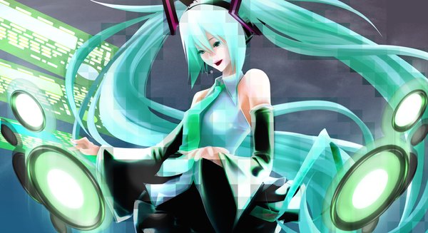 Anime picture 1100x600 with vocaloid hatsune miku gassun single long hair open mouth wide image twintails bare shoulders very long hair aqua eyes lips aqua hair girl detached sleeves necktie headphones musical instrument