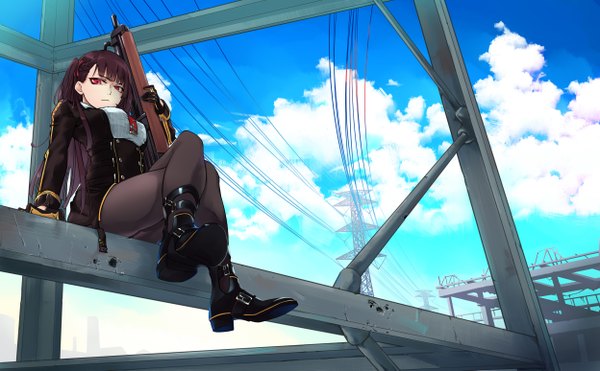 Anime picture 2494x1546 with girls frontline wa2000 (girls frontline) miki06 single long hair looking at viewer fringe highres red eyes wide image sitting holding sky cloud (clouds) full body outdoors blunt bangs arm support from below one side up