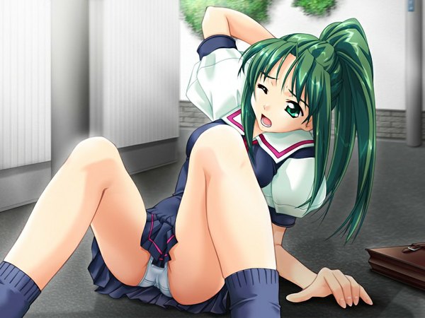 Anime picture 1024x768 with o yakusoku love (game) light erotic green eyes game cg green hair pantyshot pantyshot sitting girl serafuku