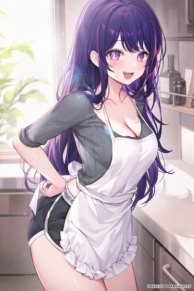 Anime picture 1070x1600 with oshi no ko calvin klein hoshino ai (oshi no ko) machi (7769) single long hair tall image looking at viewer blush fringe breasts open mouth smile standing purple eyes signed payot cleavage purple hair indoors