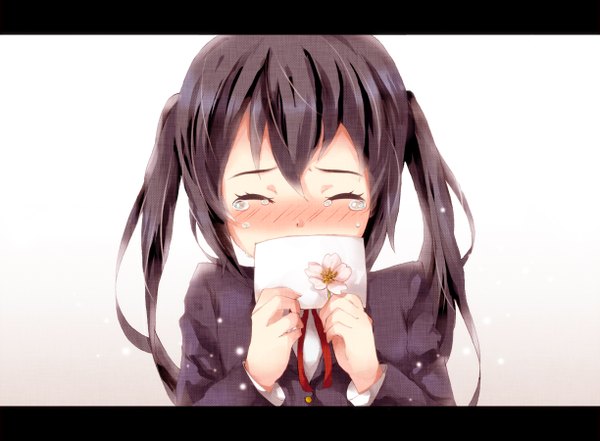 Anime picture 1224x900 with k-on! kyoto animation nakano azusa tottsuan single long hair blush black hair twintails eyes closed loli tears crying girl letter