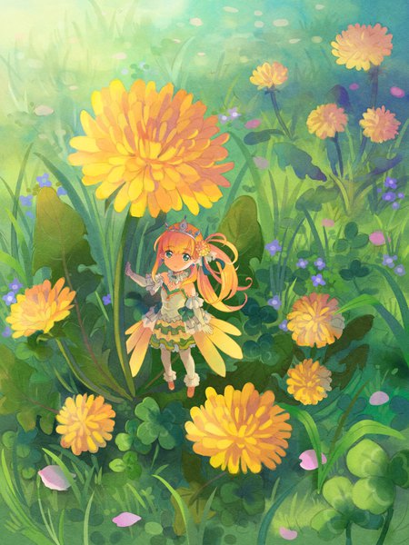 Anime picture 750x1000 with original shati single long hair tall image blonde hair standing green eyes full body from above cherry blossoms minigirl girl flower (flowers) petals tiara clover (plant) dandelion