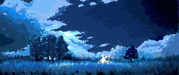 Anime picture 2480x1039 with original hana nama (artist) highres wide image cloud (clouds) landscape silhouette plant (plants) tree (trees) grass fireflies
