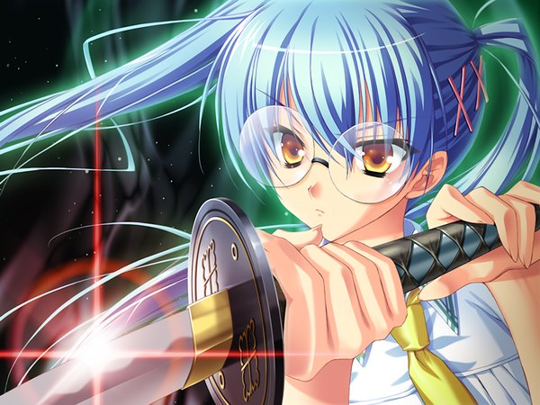 Anime picture 1024x768 with moekoi ishin! (game) twintails yellow eyes blue hair game cg girl sword glasses