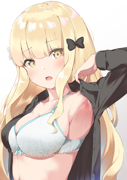 Anime-Bild 1756x2479 mit princess connect! re:dive princess connect! saren (princess connect!) saren (real) (princess connect!) bushinofuji single long hair tall image looking at viewer blush fringe highres breasts open mouth light erotic simple background blonde hair large breasts standing white background