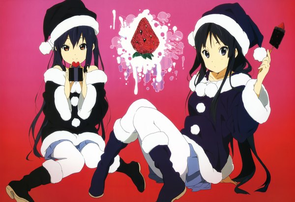 Anime picture 5944x4080 with k-on! kyoto animation akiyama mio nakano azusa long hair highres black hair simple background multiple girls absurdres girl 2 girls hat food sweets gift ice cream berry (berries) strawberry winter clothes