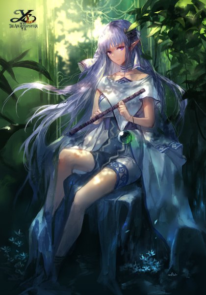 Anime picture 1654x2362 with ys ys vi ark of napishtim olha (ys) swd3e2 single long hair tall image looking at viewer smile sitting purple eyes bare shoulders blue hair wind pointy ears sunlight copyright name girl hair ornament plant (plants)