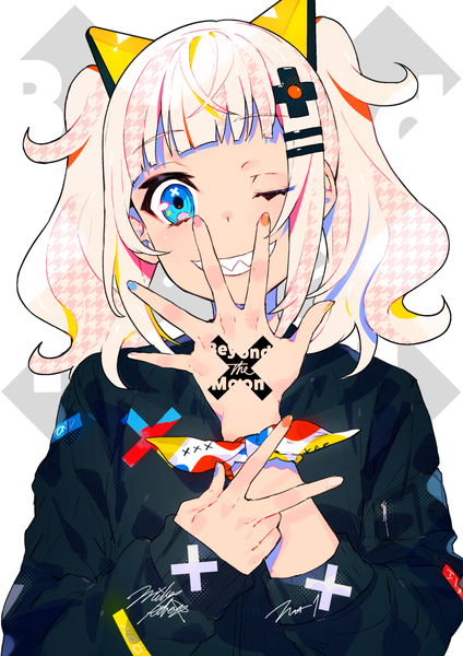 Anime picture 919x1300 with virtual youtuber the moon studio kaguya luna mika pikazo single tall image looking at viewer blush short hair blue eyes simple background smile white background twintails signed payot upper body long sleeves nail polish head tilt