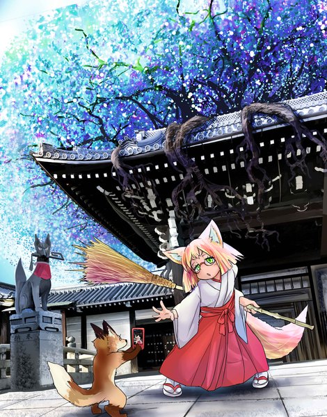 Anime picture 2480x3169 with original doitsuken single tall image highres short hair open mouth blonde hair green eyes animal ears tail traditional clothes japanese clothes animal tail fox ears fox tail fox girl miko posing perspective