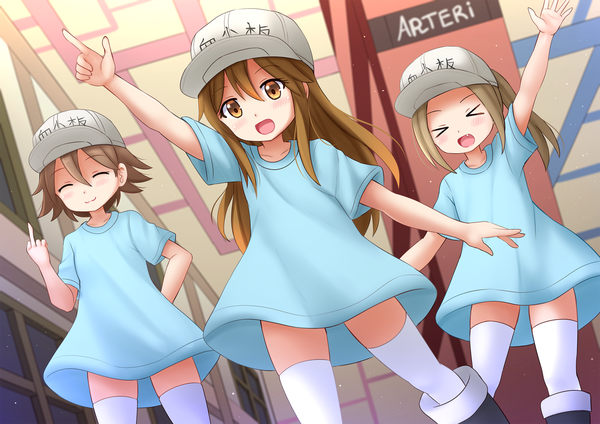 Anime picture 1697x1200 with hataraku saibou david production platelet (hataraku saibou) kazenokaze long hair blush fringe short hair open mouth smile hair between eyes brown hair standing multiple girls brown eyes payot ponytail indoors eyes closed :d